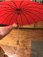 Rare Vintage Red Umbrella with Brass Ring