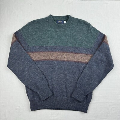 Vintage Camelot Sweater Adult Medium Blue Striped Pullover Knit Wool Blend 80s 