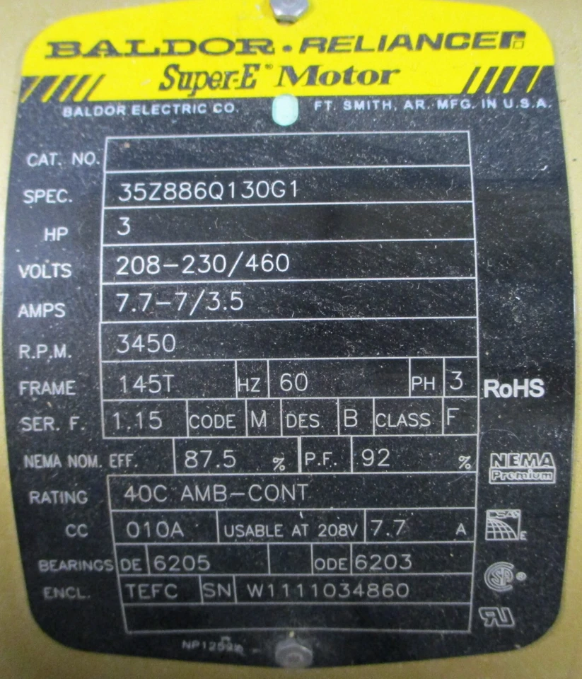 Baldor Reliance 35Z886Q130G1 Motor 208-230/460V 3450RPM 7.7-7/3.5A 7/8" Shaft - Image 3 of 4