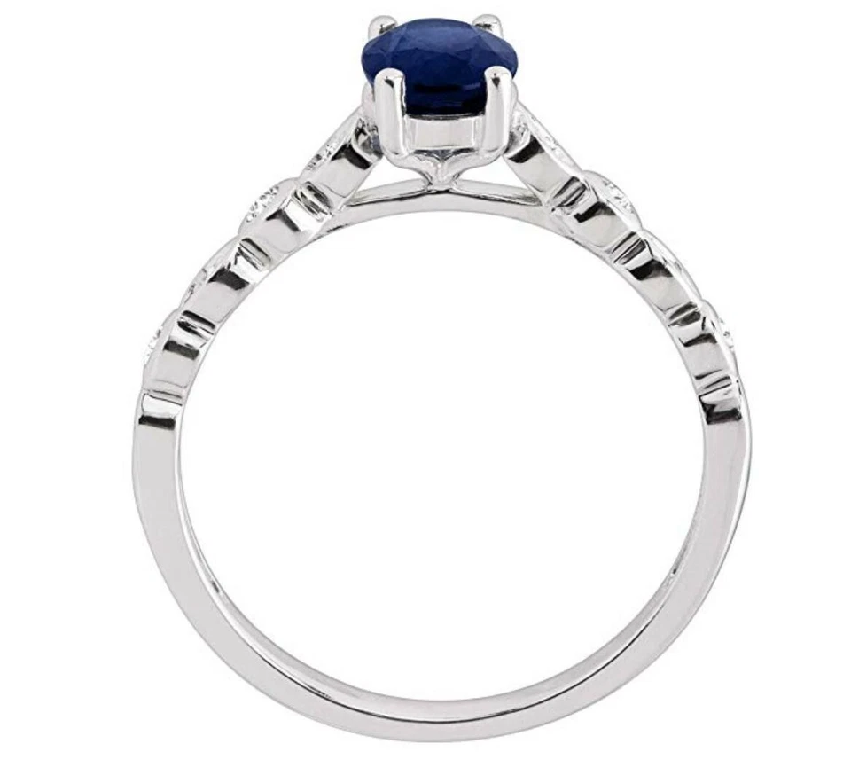 Anillo Aniversario Zafiro Azul Genuino y Diamante 1/10 CTTW Oro Blanco 14K Foto 3 de 4