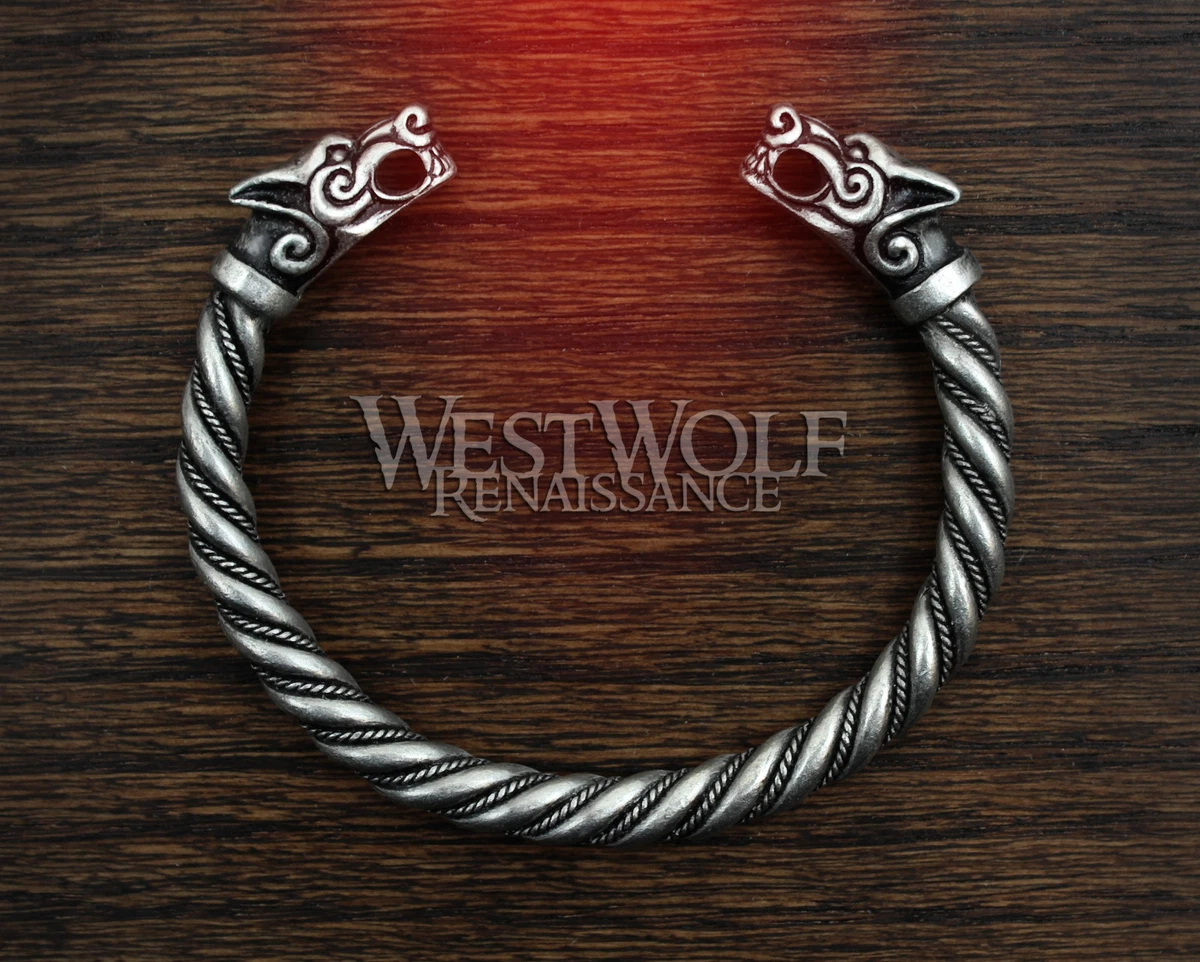 Silver Viking Fenrir Wolf Bracelet Torc Torque Norse Medieval