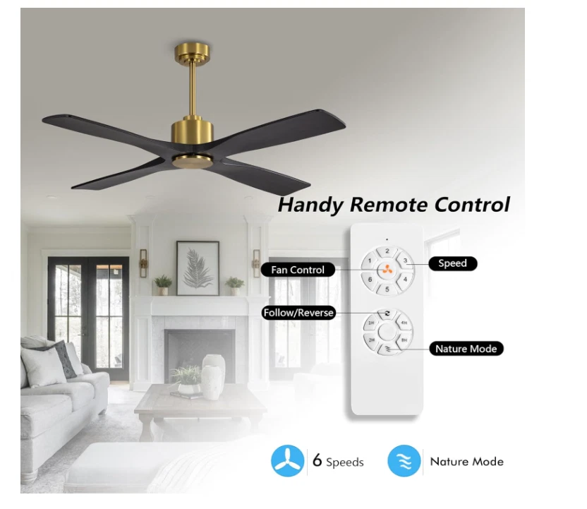 WINGBO 54 Inch DC Ceiling Fan without Lights, 4 Carved Solid Wood Blades, 6-Spee - Image 3 of 4