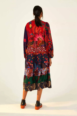 Farm Rio Mixed Print Tunic Dress M Midi Tier Floral Stars Beaded Tassel  Boho New | eBay