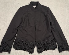 Chico's Black Ponte Jacket Open Front Guipure Lace Trim Size 0 (US 4/6) Elegant