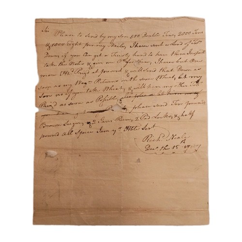 1787 Dumfries VA Letter, Richard Neale Farm Order: Nails Rum Sugar Tobacco Wheat