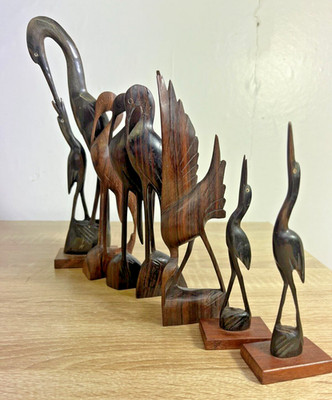 Large Makonde Style Hand Carved Crane Bird Figurines Vintage African Blackwood