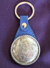 Vtg Sterling Silver Concho Niebieski skórzany brelok - Western Horse Uzda