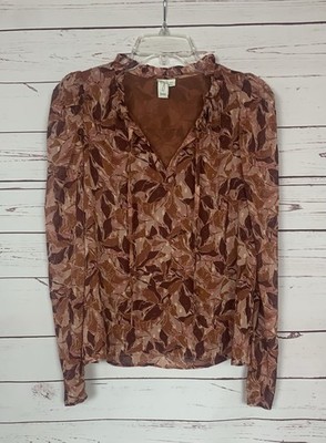 Joie Women s S Small Burgundy Floral Long Sheer Sleeves Beautiful Top Blouse