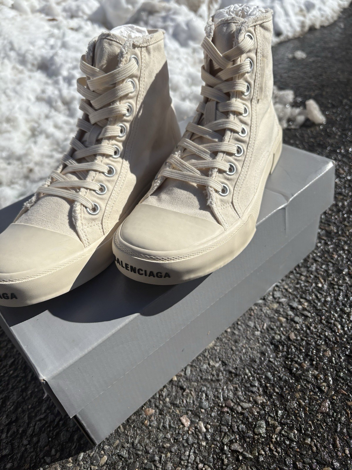 Balenciaga Men's Ivory Paris Distressed Canvas High-Top Sneakers Shoes 40 thumbnail 5