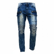 Men  s Biker Denim Jeans Moto Style Cargo Zipper Pockets Distressed Blue