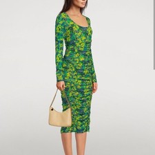 GANNI Ruched Mesh Midi Dress in Sulphur Spring Green Yellow Sz EU 40 US 8 NWT