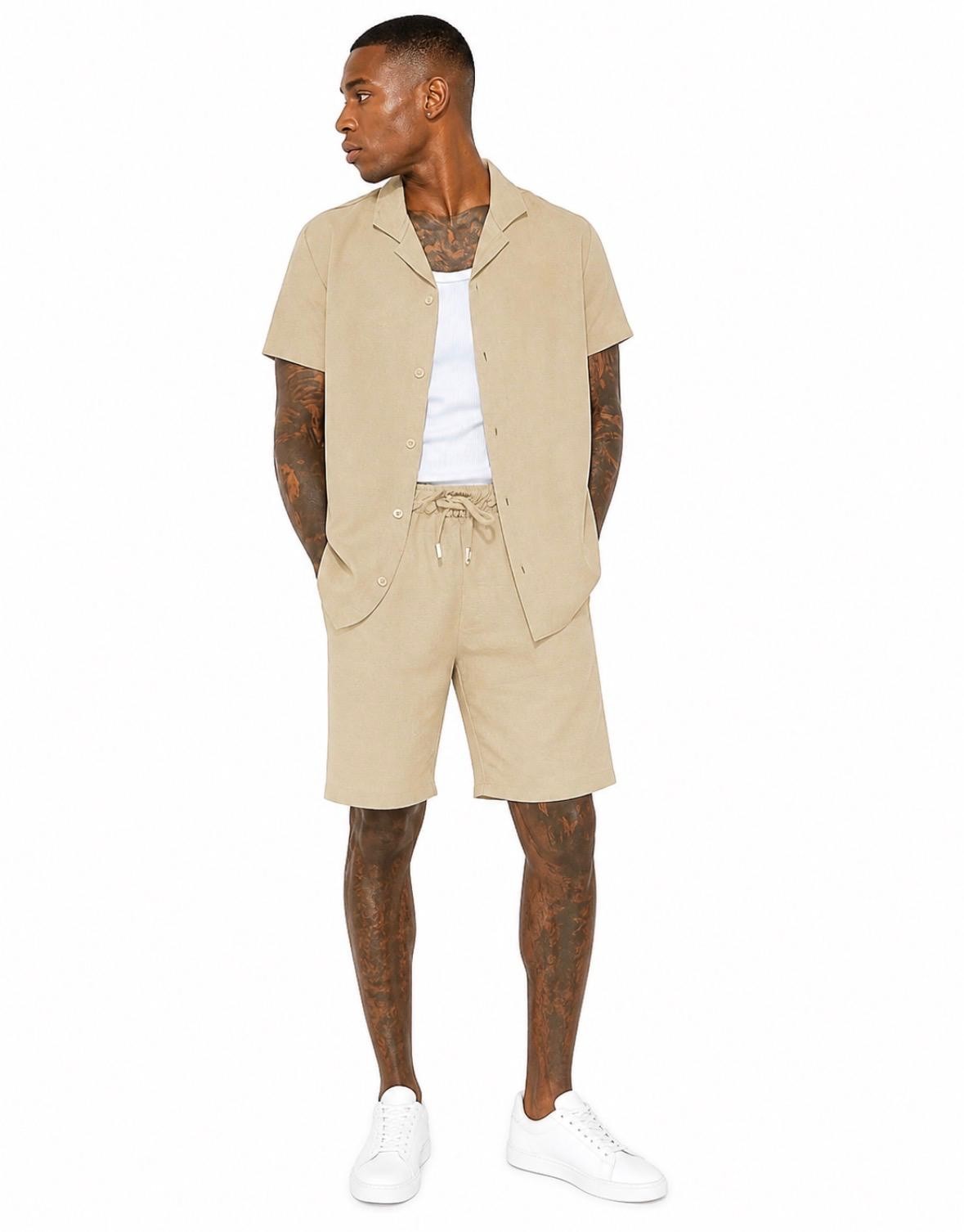 EX STOREMENS Conjunto Corto Camisa Texturada Arrugas Conjunto Parte Superior Inferior Antiarrugas