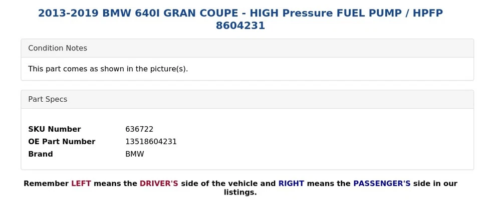 BMW 640I 2013-2019 Gran Coupé - Bomba de combustible de alta presión / HPFP 8604231 Foto 4 de 4