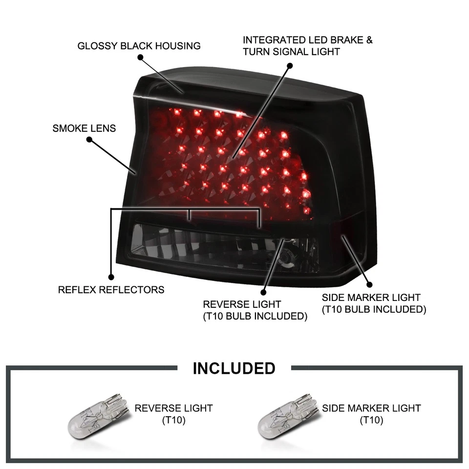 Black/Smoke Fits 2006-2010 Dodge Charger LED Tail Lights Brake Lamps Left+Right - Изображение 3 из 4