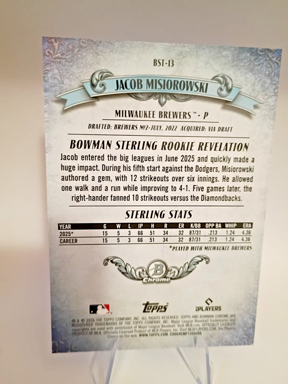 2026 Bowman Chrome Jacob Misiorowski RC Bowman Sterling Pink /199 BST-13 Brewers view 5