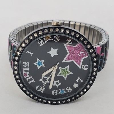Women's Twinkle Watch 40MM Black Dial Case Black Stretched Band 6'' New Battery