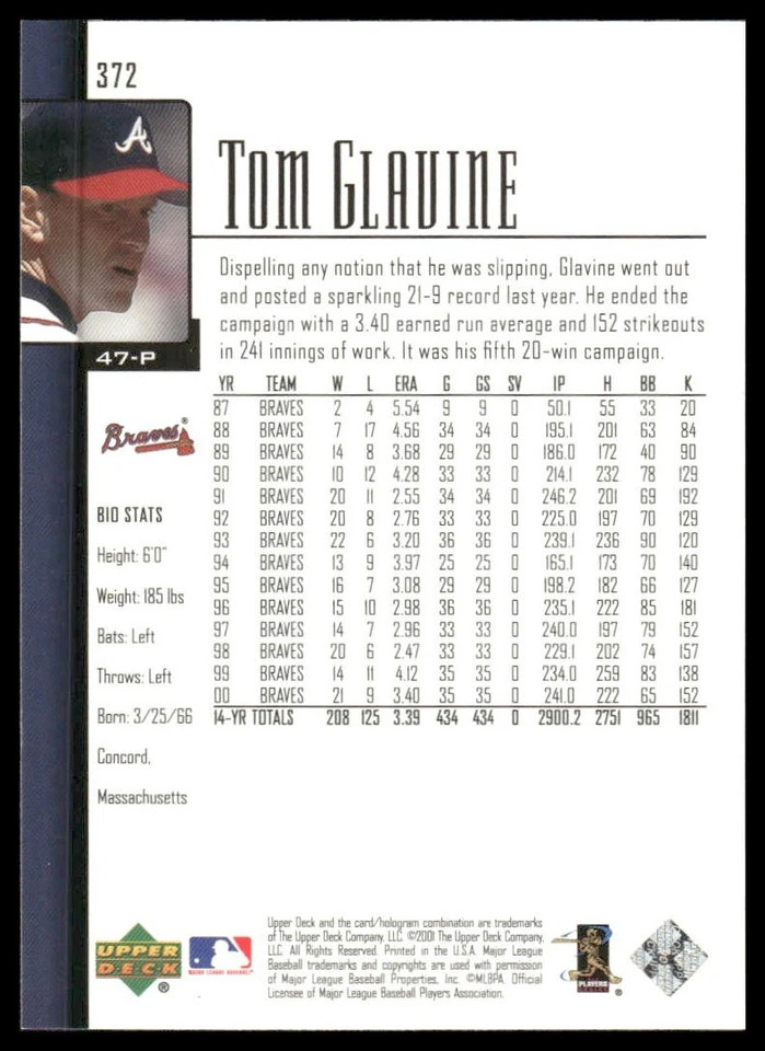 2001 Upper Deck #372 Tom Glavine Atlanta Braves - Image 2 of 2