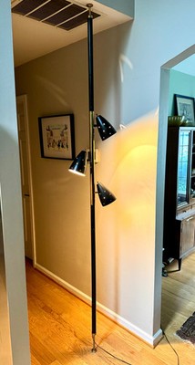 Black MCM Bullet Tension Pole Lamp ~ Black Atomic 3 Coned  Tension Lamp