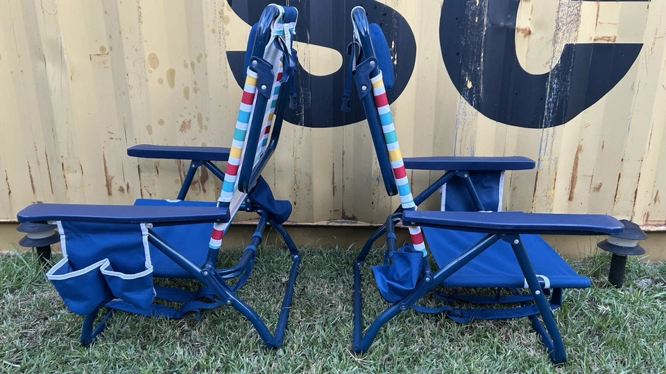 Pair (2) of Nautica 5 Position Aluminum Beach Chairs, Blue Frame Rainbow Textile - Image 3 of 4