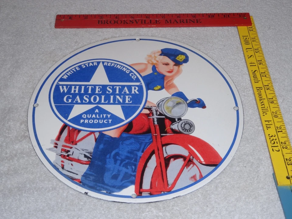 VINTAGE WHITE STAR GASOLINE "WOMAN ON MOTORCYCLE" 12" PORCELAIN METAL MOBIL SIGN - image 3 of 4