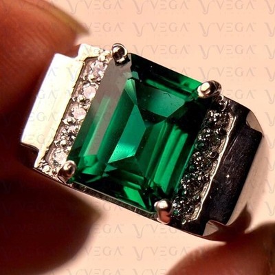 5.30Ct Emerald Cut Natural Emerald & Diamond Prong Men Ring 950PT Solid Platinum