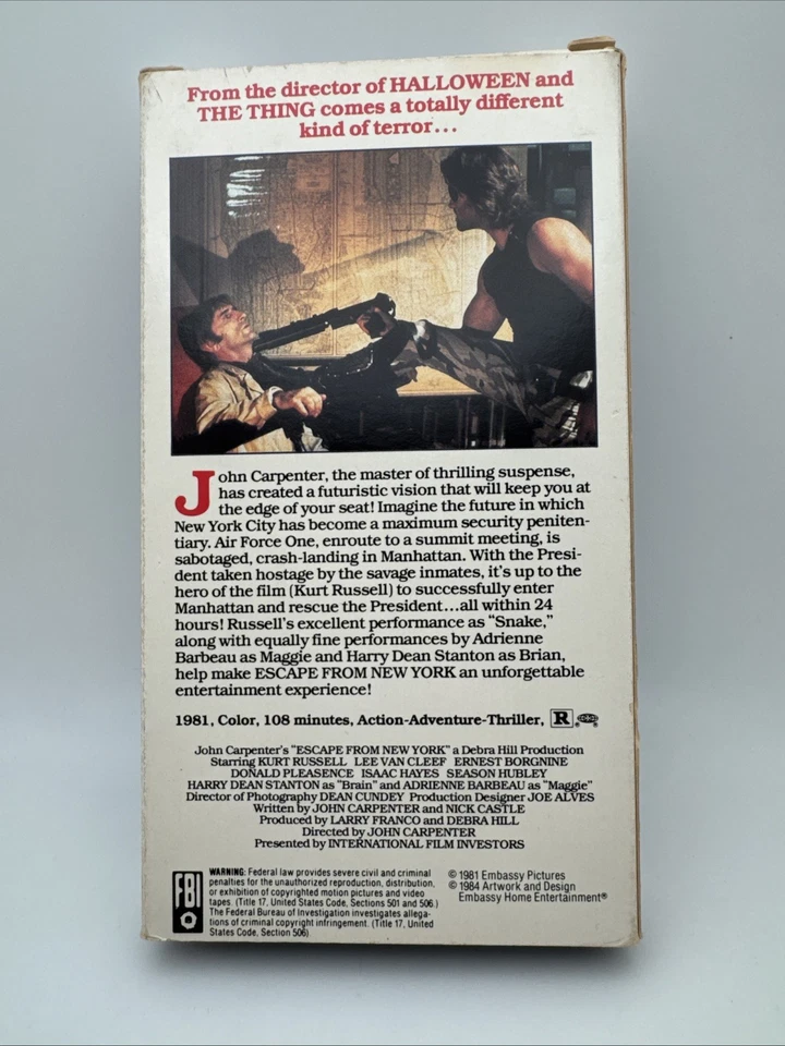 John Carpenter's Escape From New York Starring Kurt Russell 1981 VHS Rare OOP FS - Image 2 of 4