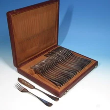 Krupp Berndorf Silverplate - Art Deco 24 Piece Etched Fish - 12 Forks 12 Knives