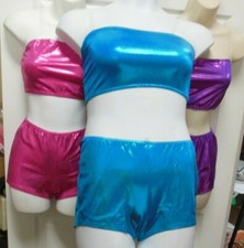 METALLIC FOIL CROP  BOOTY SHORTS Set 3 COLORS Clear strap Dance Costume