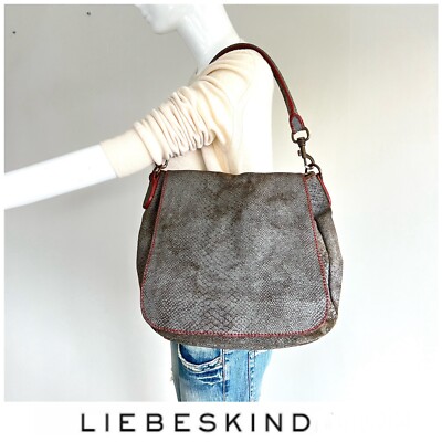 LIEBESKIND Berlin Gray Snake Print Leather Red Stitching Flap Shoulder Bag Tote