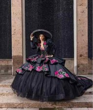 Black Sparkly Charro Quinceanera Dresses with Jacket 3D Floral Applique Corset