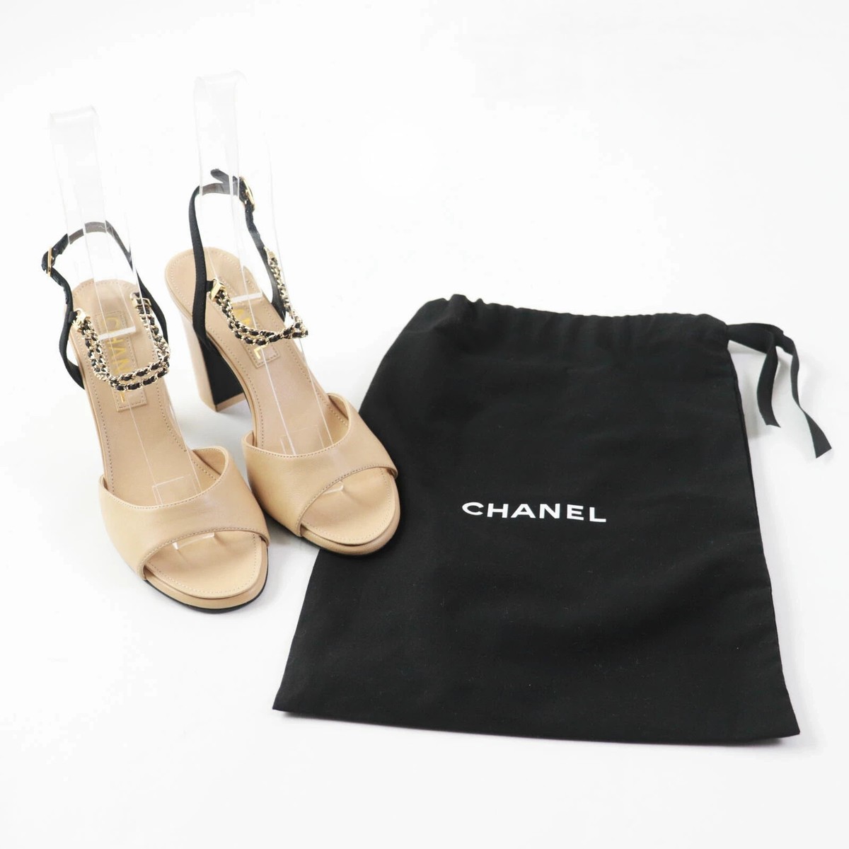 CHANEL G45093 Leather Chain Strap Sandals 36C Beige x Black Women