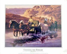 Horse-Drawn Cart Crossing Stream Guarded by Cowboys and Horses Art by John Leone