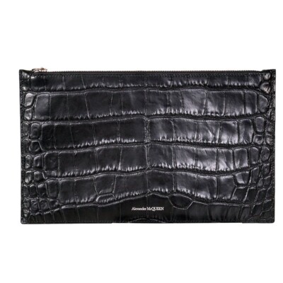 Alexander McQueen ポーチ NEW $530 ALEXANDER MCQUEEN Black Leather Croc Embossed SKULL