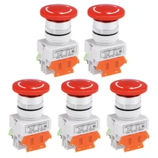 5pcs 22mm Mounting Hole Latching Emergency Stop Push Button Switch Red 1NO 1NC