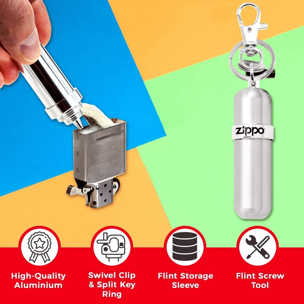 Zippo Power Kit Portachiavi - Bombola Carburante In Alluminio, Per Accendini E Scaldamani, Argento - Foto 3