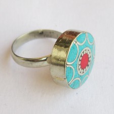 Tibetan Silver Turquoise Red Coral Original Jewelry Adjustable Unisex Ring R52
