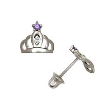 14K Solid Gold Royal Crown Screw Back Stud Earrings Amethyst CZ Stones Gift