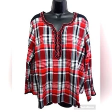 Rebecca Malone Shirt Women XL Plaid Tunic Top Henley Neckline Long Sleeve Ladies
