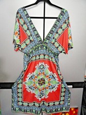 Boho Chic Dress Deep V-Neck Lightweight Cinch Geometric Waist Women's Size Large
