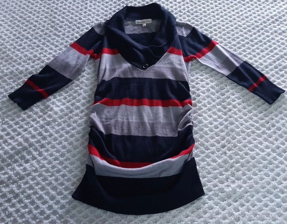 Derek Heart Maternity Medium Sweater Top Stripe Black Gray Red Ruched Sides - Image 4 of 4