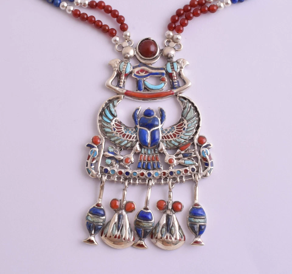 Collana con ciondolo in argento egiziano King Tutankhamon, ciondolo scarabeo ... - Immagine 4 di 4
