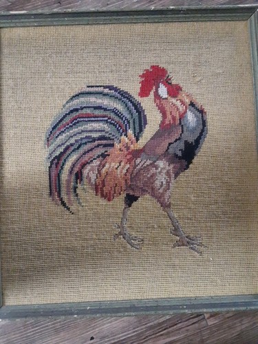 Needlepoint Framed Rooster Chicken 16" x 19" Handmade Folk Art Vintage - Picture 8 of 19