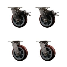 6 Inch 316SS Polyurethane Swivel Caster Set with Delrin Bearings 2 Brakes SCC
