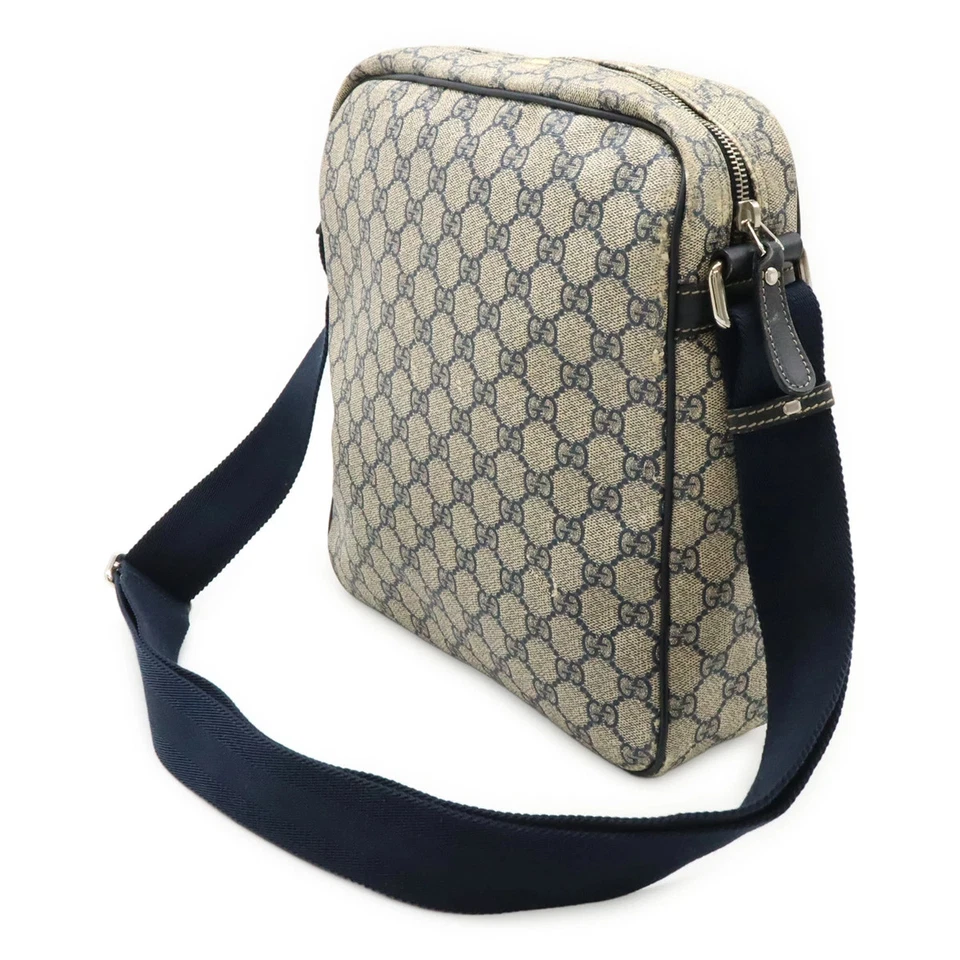 GUCCI GG Supreme Shoulder Bag Beige Navy Leather Silver Hardware 26×28.5×7.5cm - Image 2 of 4