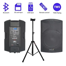 15" 4000W Powered PA Bluetooth DJ Speaker + Stand Mount Holder Heavy Duty Tripod