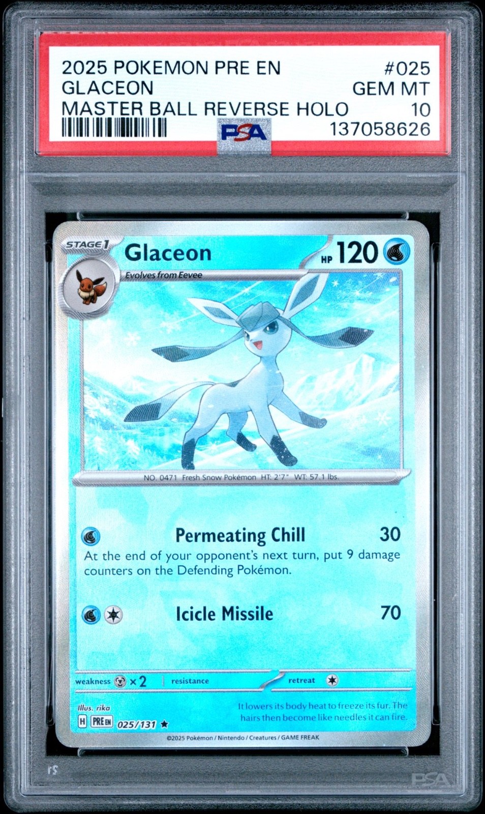 Glaceon (Master Ball Pattern) 025/131 Sv: Prismatic Evolutions Holo PSA: 10