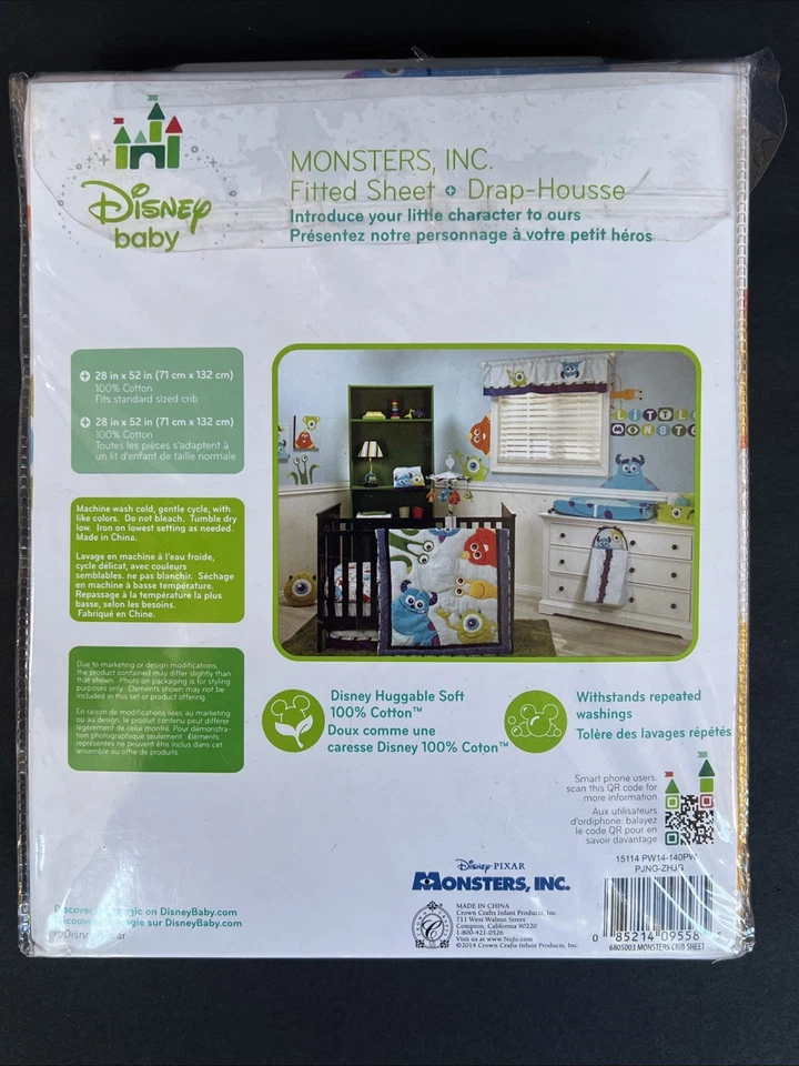 迪士尼婴儿怪物公司贴合婴儿床床单 28x52 Sulley Mike NIP 已停产 — 第 4/4 张图片
