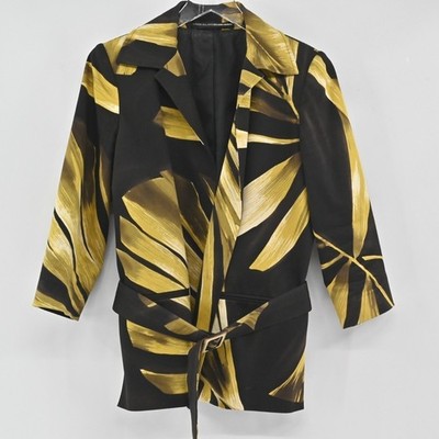 Linda Allard Ellen Tracy Tropical Blazer Womens Size 4 Black Gold Cotton Belted