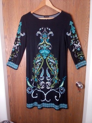 b. calm by London Times Black w/Teal & Lime Floral Paisley Shift Dress Sz 10 