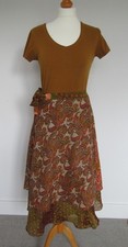 Indian silk sari midi wraparound skirt, one size. Brown green gold red